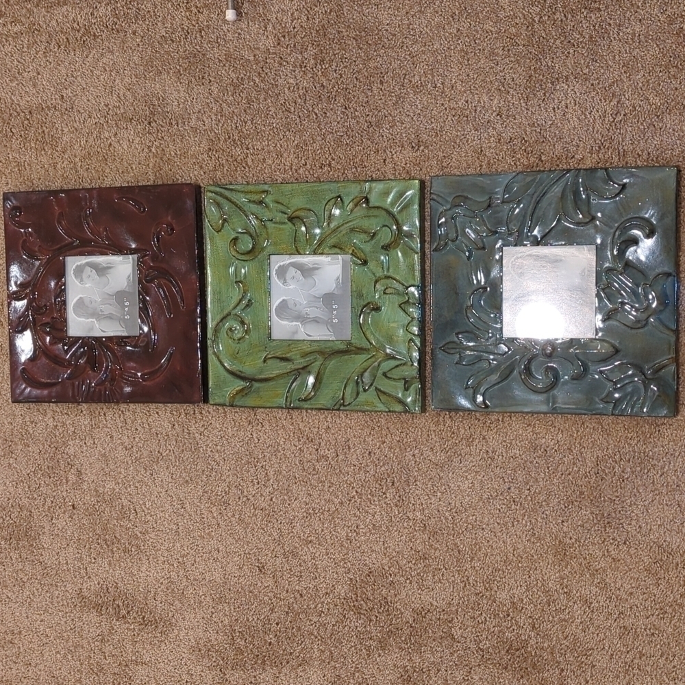 SET of three almost 12x12 metal embossed frames holding 5x5 pictures NEW
